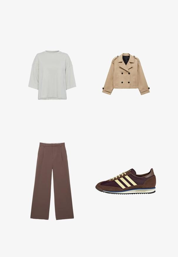 Beige kort trenchcoat med dobbeltknaplukning, skulderklapper og sorte knapper. Blødt stof og skræddersyet design.; Lys grå, kortærmet top lavet af blød stof. Har en rund halsudskæring og subtile sømdetaljer foran. Regular fit.; Breddebukser i en ensfarvet brun stof, med en glat tekstur, frontfald og en skræddersyet talje. Ingen synlige logoer eller mønstre.; Brune og bordeaux sneakers lavet af ruskind og mesh-materialer, med tre cremefarvede striber, tekstureret stof på tungen, og en gummisål.