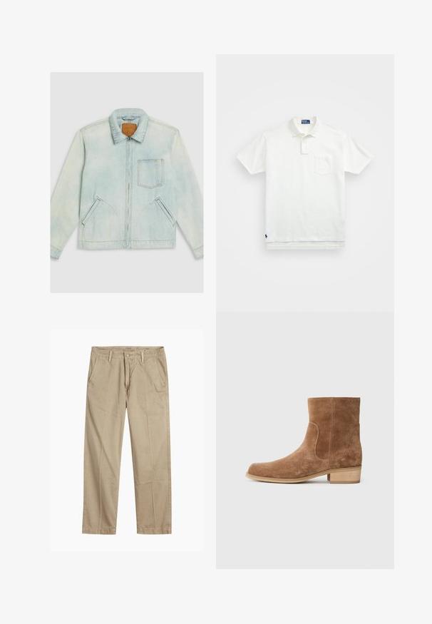 Light blue denim jacket with a front zipper, pointed collar, chest pocket, and two side pockets. Soft texture and casual design.; White polo shirt made of cotton, featuring a classic collar, three-button placket, and a left chest pocket; small logo at the hem.; Beige straight-leg chinos with belt loops, front button and zipper closure, and slant front pockets.; Brown suede ankle boots with a slightly rounded toe, low stacked wooden heel, elastic side panels, and smooth stitching along the seams.