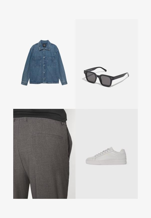 Jeanjacka i ljusblått, med knäppning framtill, två bröstfickor och en klassisk krage. Mjuk textur med en något blekt finish.; Krämfärgad bomullsblandad tröja med ribbad rundhalsning, sänkt axel och ribbade ärmslut och nederkant. Mjuk textur med avslappnad passform.; Grå skräddarsydda byxor med en jämn yta, med en bakficka och en smal passform. Tyget har ett subtilt mönster.; Ljust grå lädersneaker med en slät yta, rund tå, platt gummisula och ton-i-ton-lisor. Har en minimal branding i guld.; Svarta rektangulära solglasögon med mörka linser, med en tjock ram, diskreta detaljer på sidorna och inga synliga logotyper förutom varumärket.; Ljus beige canvas tote-väska med dubbla handtag, med "SAMSOE"-logotypen tryckt i vitt på framsidan. Rektangulär form med enkel design.
