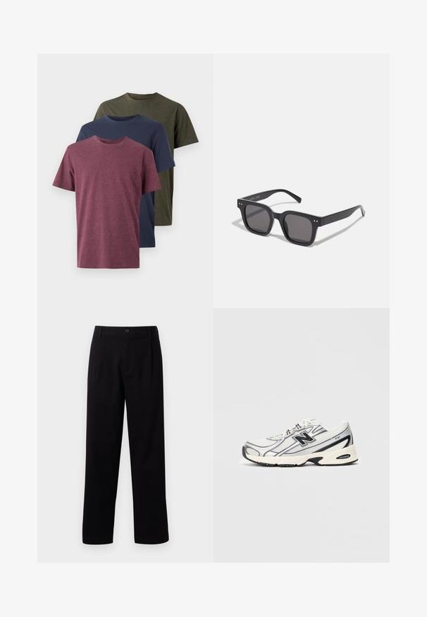 Lysblå denimjakke med knaplukning foran, to brystlommer og klassisk krave. Blød tekstur med en let falmet finish.; Beige cardigan lavet af blødt, tekstureret strik. Har en rund halsudskæring, ribbekantede manchetter og en cropped søm med sænkede skuldre.; Tre bomulds t-shirts vist: bordeaux, navy og oliven grøn. Rund hals design, korte ærmer og en blød, struktureret finish.; Sorte stofbukser med lige snit, forknytninger foran og en enkelt knaplukning. Glat tekstur og ingen synlige mønstre.; Hvid og grå atletisk sneakers med sort "N" logo, mesh-overdel, polstret sål og snørebåndsdesign, vist på en ensfarvet lys grå baggrund.; Sorte rektangulære solbriller med mørke linser, der har en tyk ramme, subtile detaljer på siderne og uden synlige logoer udover mærkenavnet.; Canvas tote bag med sorte håndtag og bund. Har broderet NY-logo i sort på fronten. Cremefarvet krop med en glat tekstur.