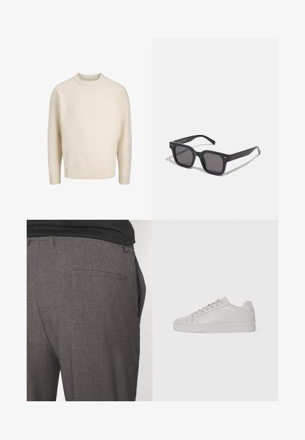 Veste en jean bleu clair, avec un devant à boutons, deux poches poitrine et un col classique. Texture douce avec une finition légèrement délavée.; Pull en mélange de coton crème avec un col rond à côtes, des épaules tombantes et des poignets et un ourlet côtelés. Texture douce avec une coupe décontractée.; Pantalons tailleur gris avec une texture douce, dotés d'une poche arrière unique et d'une coupe slim. Le tissu présente un motif subtil.; Baskets en cuir gris clair avec une texture lisse, bout arrondi, semelle en caoutchouc plate et lacets ton sur ton. Présente un minimalisme de la marque en doré.; Lunettes de soleil noires rectangulaires avec des verres foncés, arborant une monture épaisse, des accents subtils sur les côtés et aucun logo visible en dehors du nom de la marque.; Sac en toile avec un dessin en ligne brun de fleurs de lys. Le sac est de couleur crème avec deux poignées et du texte imprimé en dessous.