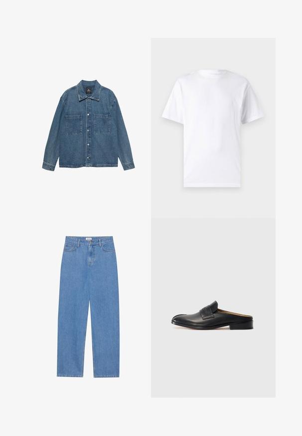 Denim jacket in light blue, featuring a button-up front, two chest pockets, and a classic collar. Soft texture with a slightly faded finish.; White short-sleeve t-shirt made of cotton with a crew neckline, featuring a smooth texture and simple design without patterns or accents.; Light blue denim jeans with a straight cut, five-pocket design, single button closure, and subtle stitching details on the seams.; Black leather slip-on shoe with a rounded toe, low block heel, and a front strap. Smooth texture with subtle logo detail on the strap.