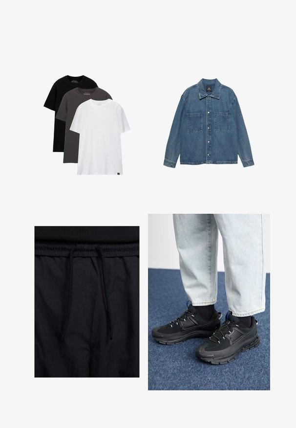Vaaleansininen farkkutakki, jossa on napituksen etuosa, kaksi rintataskua ja klassinen kaulus. Pehmeä materiaali, jossa on hieman haalistunut pinta.; Kolme normaalihampaista t-paitaa pinottuna. Värit: musta, tummanharmaa ja valkoinen. Puuvillamateriaalia, lyhyet hihat ja pyöreä kaula-aukko. Vähäinen brändäys.; Mustat shortsit, joissa on naru vyötäröllä, kevyestä kankaasta valmistettu, sileä tekstuuri ja yksinkertainen muotoilu ilman näkyviä logoja tai kuvioita.; Mustat urheilukengät, joissa on teksturoitu kangas ja kumipohjat, elastiset nauhat ja sininen yksityiskohta kannassa. Yhdistetty vaaleisiin farkkuihin.