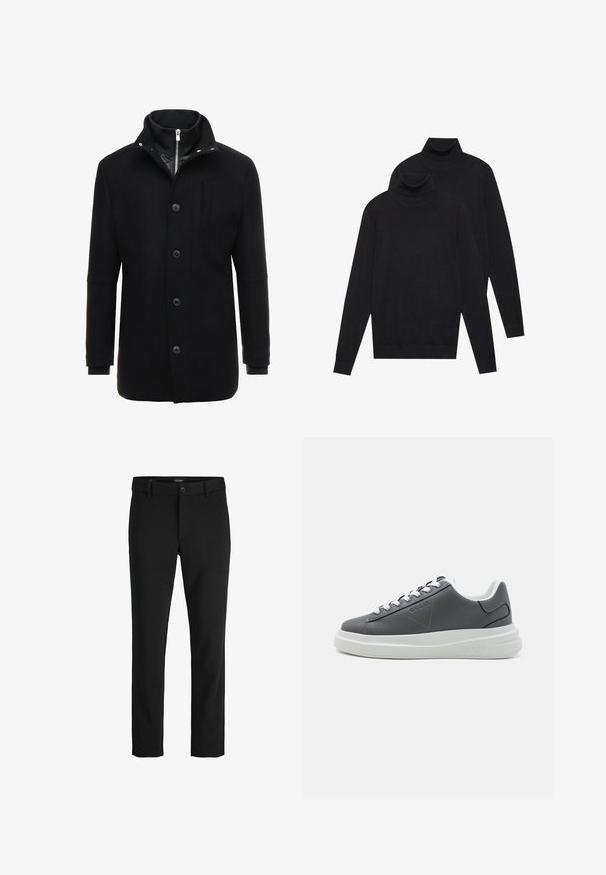 Crni vuneni kaput sa visokim ovratnikom, zatvaranjem na zip i dugme, te bočnim džepovima. Glatka textura s prilagođenim fitom i minimalnim detaljima.; Dva crna pulovera s dugim rukavima i visokim ovratnikom, jednostavna pletenina, složeni jedan iza drugog na bijeloj pozadini.; Crne hlače izrađene od glatkog materijala, s klasičnim dizajnom, ravnim krojem, prednjim kopčanjem na dugme i bočnim džepovima.; Sive teniske od kože s bijelim potplatom, okruglim vrhom, vezanjem, brandiranim detaljem sa strane i podstavljenim ovratnikom za udobnost.