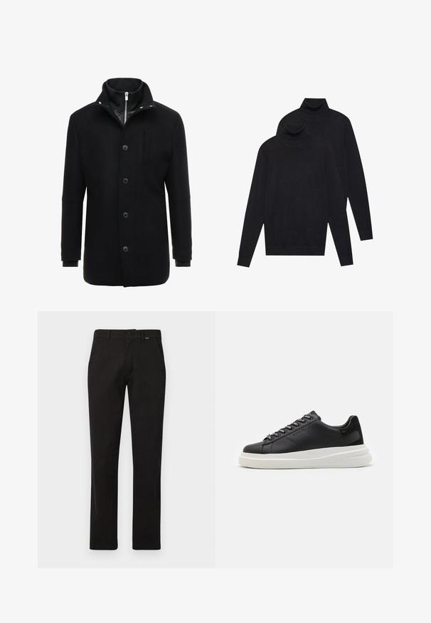 Černý vlněný kabát s vysokým límcem, zapínáním na zip a knoflíky a postranními kapsami. Hladká textura s přiléhavým střihem a minimálními akcenty.; Dvoje černých pletených svetrů s dlouhým rukávem a rolákem, jednoduchý vzor, naskládány tak, že jeden je mírně za druhým na bílém pozadí.; Černé bavlněné kalhoty s rovnými nohavicemi, se zapínáním na knoflík, poutky na pásek a dvěma předními kapsami. Hladká textura, bez vzorů.; Černé kožené tenisky s bílou gumovou podrážkou, mají ploché tkaničky a očička s logem. Jemná textura s kontrastním bočním akcentem.