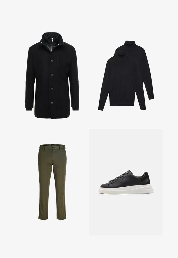 Manteau en laine noir avec un col haut, fermeture éclair et boutons, et poches latérales. Texture lisse avec une coupe ajustée et des accents minimalistes.; Deux pulls turtleneck noirs à manches longues, en tricot uni, empilés avec un légèrement derrière l'autre sur un fond blanc.; Pantalons vert olive en tissu lisse ; dotés d'une fermeture à bouton, de passants de ceinture et de jambes droites avec une finition soignée.; Baskets en cuir noir avec une semelle en caoutchouc blanc, dotées de lacets plats et d'œillets marqués. Texture douce avec un accent contrastant sur le côté.