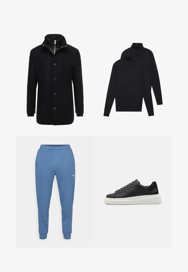 Čierny vlnený kabát s vysokým golierom, zipsom a gombíkovým zapínaním, a bočnými vreckami. Hladká textúra s prispôsobeným strihom a minimálnymi akcentmi.; Dvoje čiernych svetrov s dlhým rukávom a rolákom, jednofarebných, uložených jeden na druhom, pričom jeden je mierne posunutý vzad na bielom pozadí.; Modré tepláky vyrobené z jemného materiálu, s elastickým pásom a zúženými nohavicami, s malým bielym logom na ľavom stehne.; Čierne kožené tenisky s bielou gumovou podrážkou, s plochými šnúrkami a brandovanými očkami. Mäkká textúra s kontrastným bočným akcentom.
