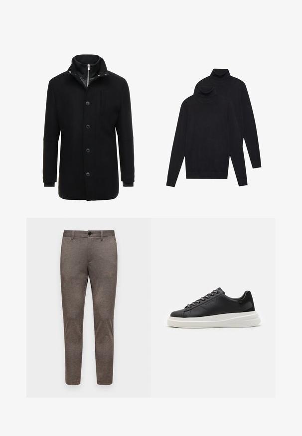 Casaco de lã preto com colarinho alto, fecho de zíper e botão, e bolsos laterais. Textura suave com um corte ajustado e acentos minimalistas.; Dois suéteres de gola alta pretos de manga longa, malha simples, empilhados com um ligeiramente atrás do outro sobre um fundo branco.; Calças acastanhadas com padrão xadrez e corte justo. Apresentam um corte liso na frente, fecho por botão e uma textura subtil. Pernas ajustadas, sem detalhes visíveis.; Sapatilha preta em pele com sola de borracha branca, apresentando atacadores planos e ilhós com marca. Textura suave com um detalhe lateral em contraste.