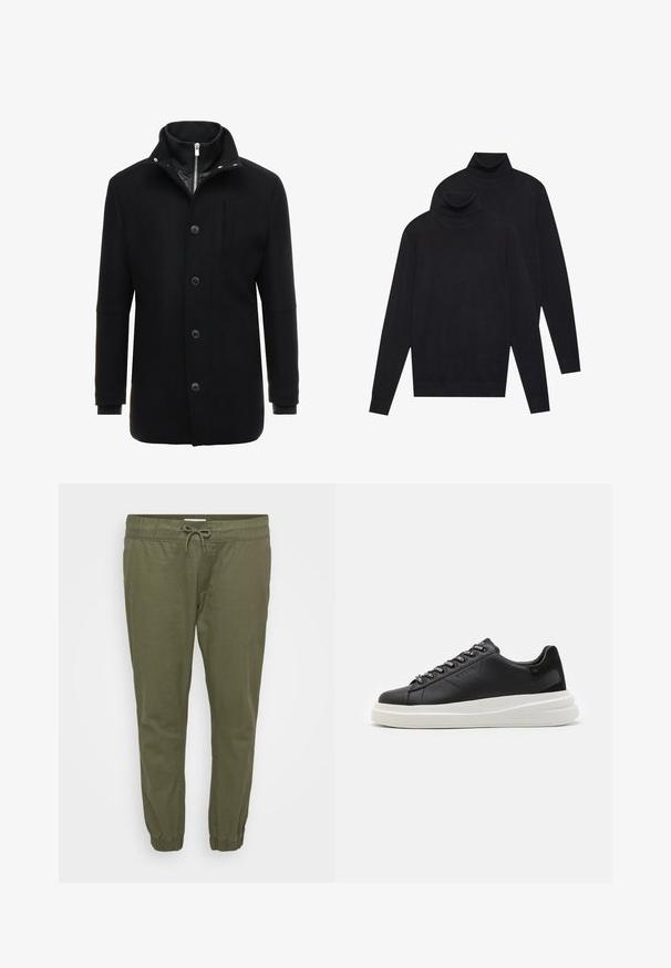 Schwarzer Wollmantel mit hohem Kragen, Reißverschluss- und Knopfverschluss sowie Seitentaschen. Glatte Textur mit taillierter Passform und minimalen Akzenten.; Zwei schwarze, langärmelige Rollkragenpullover, schlicht gestrickt, übereinander gestapelt, wobei einer leicht hinter dem anderen auf einem weißen Hintergrund liegt.; Olivenfarbene, leichte tapered Hosen mit elastischem Bund, verstellbarem Kordelzug und elastischen Bündchen an den Knöcheln. Glatte Textur.; Schwarze Ledersneaker mit einer weißen Gummisohle, ausgestattet mit flachen Schnürsenkeln und markierten Ösen. Weiche Textur mit einem kontrastierenden Seitenakzent.