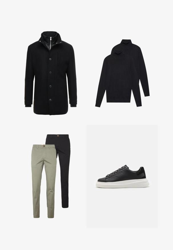 Black wool coat featuring a high collar, zipper and button closure, and side pockets. Smooth texture with a tailored fit and minimal accents.; Two black long-sleeve turtleneck sweaters, plain knit, stacked with one slightly behind the other on a white background.; Two pairs of slim-fit pants: one in light beige cotton with a button detail, the other in solid black cotton, both with side pockets.; Black leather sneaker with a white rubber sole, featuring flat laces and branded eyelets. Soft texture with a contrasting side accent.