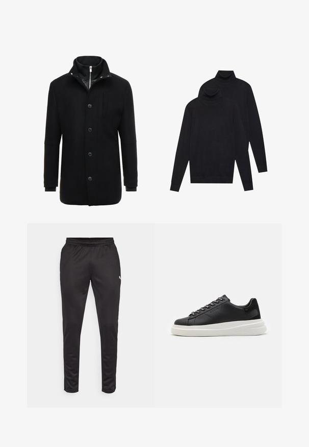 Casaco de lã preto com colarinho alto, fecho de zíper e botão, e bolsos laterais. Textura suave com um corte ajustado e acentos minimalistas.; Dois suéteres de gola alta pretos de manga longa, malha simples, empilhados com um ligeiramente atrás do outro sobre um fundo branco.; Calças de desporto pretas feitas de material liso e leve. Apresentam uma cintura elástica e um pequeno detalhe de logotipo na lateral.; Sapatilha preta em pele com sola de borracha branca, apresentando atacadores planos e ilhós com marca. Textura suave com um detalhe lateral em contraste.