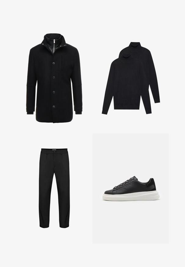 Manteau en laine noir avec un col haut, fermeture éclair et boutons, et poches latérales. Texture lisse avec une coupe ajustée et des accents minimalistes.; Deux pulls turtleneck noirs à manches longues, en tricot uni, empilés avec un légèrement derrière l'autre sur un fond blanc.; Pantalon noir avec une coupe droite, doté d'une fermeture à bouton, de poches latérales et d'une texture lisse. Détail de taille élastique inclus.; Baskets en cuir noir avec une semelle en caoutchouc blanc, dotées de lacets plats et d'œillets marqués. Texture douce avec un accent contrastant sur le côté.
