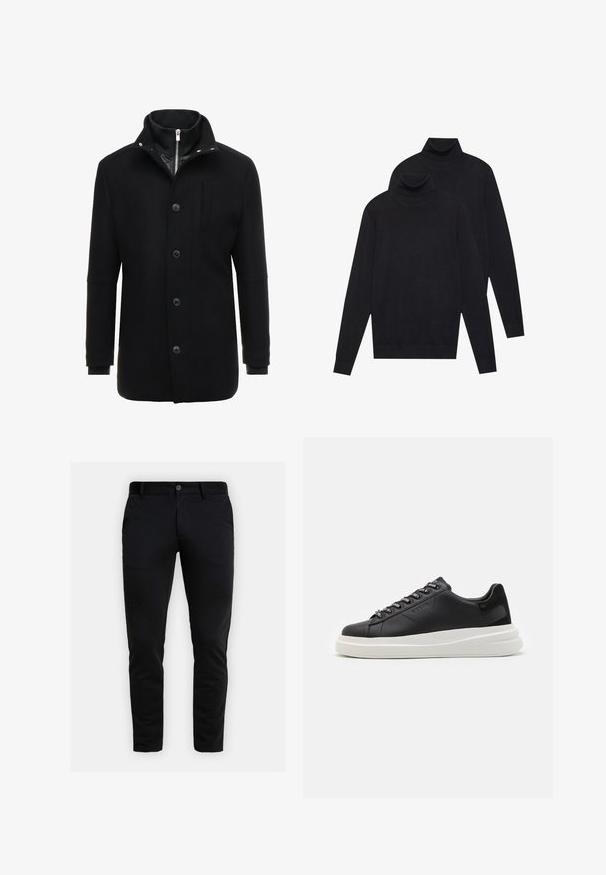 Čierny vlnený kabát s vysokým golierom, zipsom a gombíkovým zapínaním, a bočnými vreckami. Hladká textúra s prispôsobeným strihom a minimálnymi akcentmi.; Dvoje čiernych svetrov s dlhým rukávom a rolákom, jednofarebných, uložených jeden na druhom, pričom jeden je mierne posunutý vzad na bielom pozadí.; Štíhle čierne nohavice s pútkami na opasok, predným zapínaním na gombík a bočnými vreckami, zobrazené na svetlo šedom pozadí.; Čierne kožené tenisky s bielou gumovou podrážkou, s plochými šnúrkami a brandovanými očkami. Mäkká textúra s kontrastným bočným akcentom.