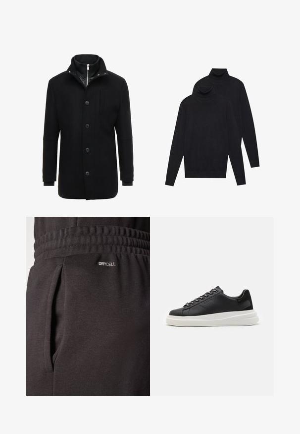 Čierny vlnený kabát s vysokým golierom, zipsom a gombíkovým zapínaním, a bočnými vreckami. Hladká textúra s prispôsobeným strihom a minimálnymi akcentmi.; Dvoje čiernych svetrov s dlhým rukávom a rolákom, jednofarebných, uložených jeden na druhom, pričom jeden je mierne posunutý vzad na bielom pozadí.; Čierne športové nohavice vyrobené z textúrovanej tkaniny majú elastický pás, bočné vrecká a na vrecku je označenie "DRYCELL".; Čierne kožené tenisky s bielou gumovou podrážkou, s plochými šnúrkami a brandovanými očkami. Mäkká textúra s kontrastným bočným akcentom.