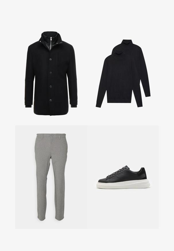 Casaco de lã preto com colarinho alto, fecho de zíper e botão, e bolsos laterais. Textura suave com um corte ajustado e acentos minimalistas.; Dois suéteres de gola alta pretos de manga longa, malha simples, empilhados com um ligeiramente atrás do outro sobre um fundo branco.; Calças cinzentas claras feitas de um tecido macio, apresentando um corte reto, passantes para cinto e um fecho com um único botão. Textura suave, design minimalista.; Sapatilha preta em pele com sola de borracha branca, apresentando atacadores planos e ilhós com marca. Textura suave com um detalhe lateral em contraste.