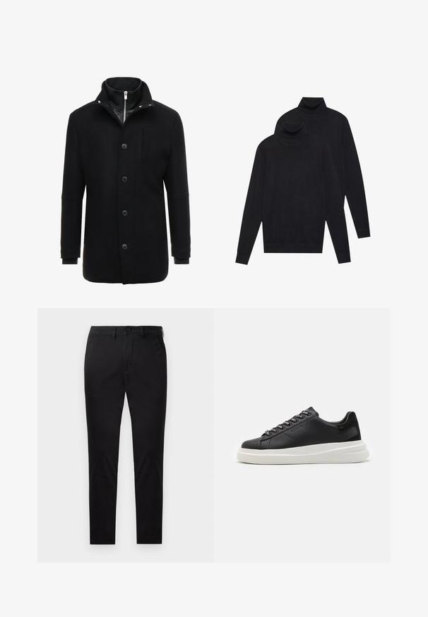 Svart ullkåpe med høyt krage, glidelås og knappelukking, samt sidelommer. Glatt tekstur med skreddersydd passform og minimale detaljer.; To svarte langermede genserne med høy hals, ensfarget strikket, stablet med den ene litt bak den andre på en hvit bakgrunn.; Svart chinos laget av glatt stoff med rett snitt. Har frontlås med knapp og sidelommer med et rent, minimalistisk design.; Svart lær sneakers med hvit gummisåle, med flate lisser og merkede lissehull. Myk tekstur med en kontrasterende sideaccent.