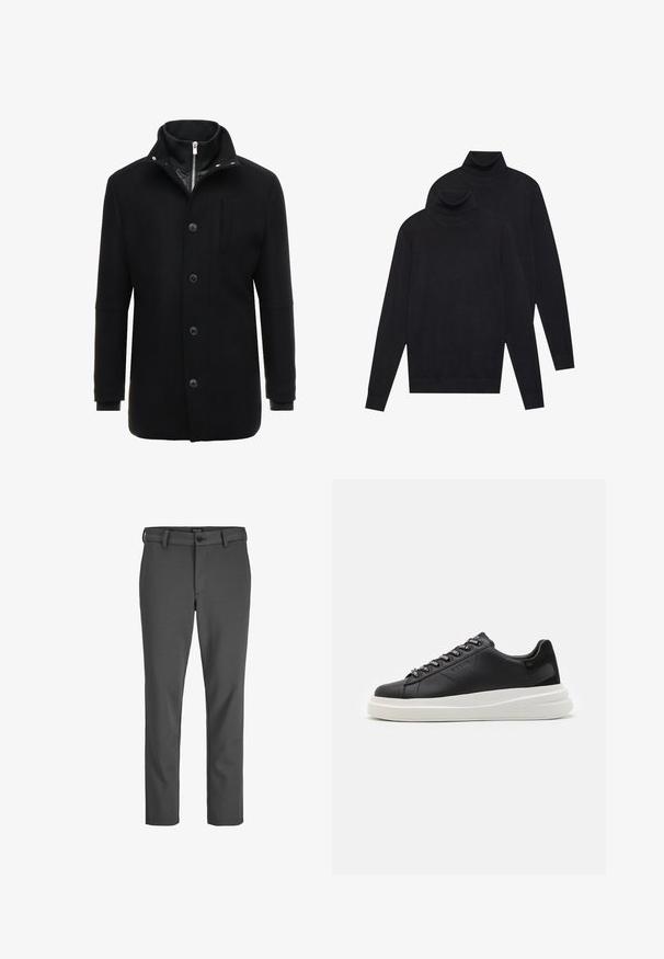 Sort uldfrakke med høj krave, lynlås og knaplukning samt sidelommer. Glat tekstur med en skræddersyet pasform og minimale detaljer.; To sorte langærmede turtleneck-trøjer, ensfarvede strikkede, stablet med den ene lidt bag den anden på en hvid baggrund.; Grå skræddersyede bukser lavet af glat stof, med knaplukning og bæltestropper, i lige snit og uden bemærkelsesværdige mønstre.; Sort lædersneaker med en hvid gummisål, der har flade snørebånd og branded øjer. Blød tekstur med en kontrasterende sideaccent.
