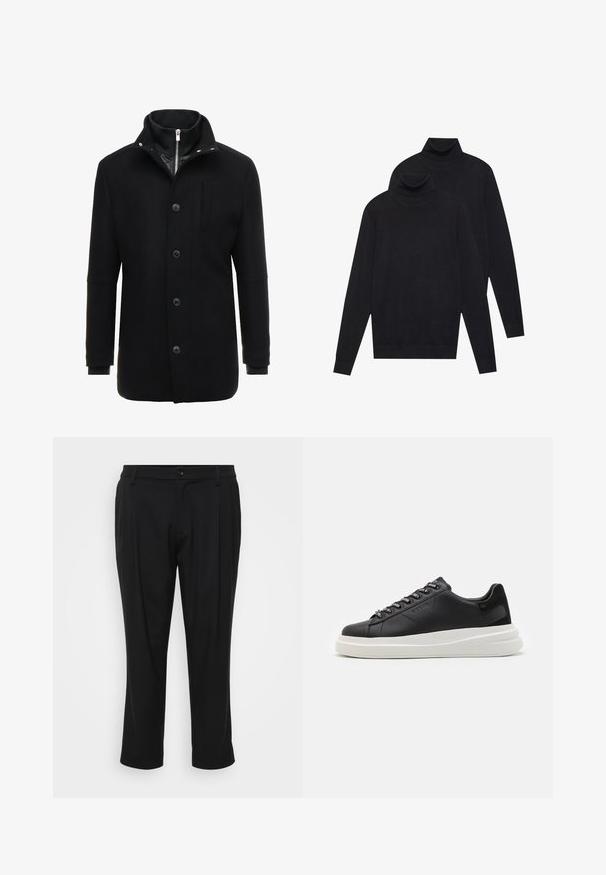 Crni vuneni kaput sa visokim ovratnikom, zatvaranjem na zip i dugme, te bočnim džepovima. Glatka textura s prilagođenim fitom i minimalnim detaljima.; Dva crna pulovera s dugim rukavima i visokim ovratnikom, jednostavna pletenina, složeni jedan iza drugog na bijeloj pozadini.; Crne krojene hlače ravnog kroja. Izrađene od glatkog materijala, sa zatvaranjem na gumb i dva prednja džepa.; Crne kožne tenisice s bijelim gumenim potplatima, s ravnim vezicama i brendiranim rupama za vezanje. Mekana tekstura s kontrastnim bočnim naglaskom.