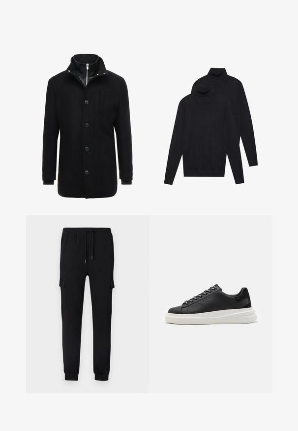 Black wool coat featuring a high collar, zipper and button closure, and side pockets. Smooth texture with a tailored fit and minimal accents.; Two black long-sleeve turtleneck sweaters, plain knit, stacked with one slightly behind the other on a white background.; Black sweatpants with elastic cuffs, drawstring waistband, and side cargo pockets. Smooth fabric with no visible patterns or hardware.; Black leather sneaker with a white rubber sole, featuring flat laces and branded eyelets. Soft texture with a contrasting side accent.