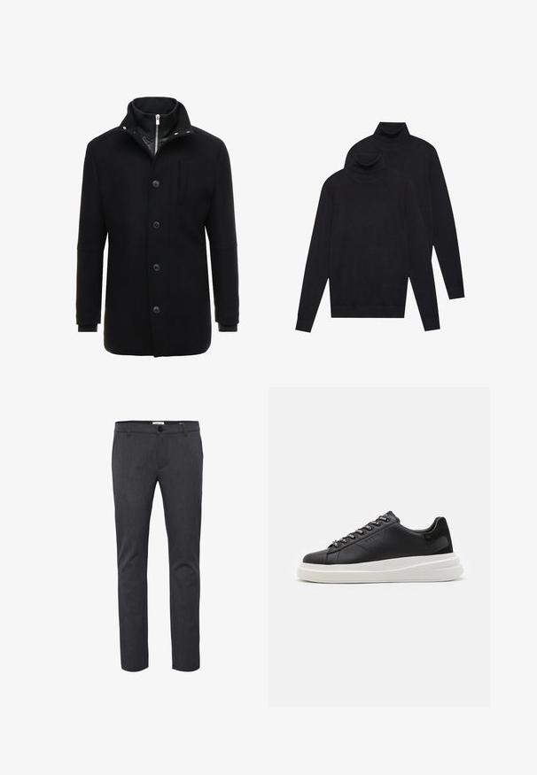 Černý vlněný kabát s vysokým límcem, zapínáním na zip a knoflíky a postranními kapsami. Hladká textura s přiléhavým střihem a minimálními akcenty.; Dvoje černých pletených svetrů s dlouhým rukávem a rolákem, jednoduchý vzor, naskládány tak, že jeden je mírně za druhým na bílém pozadí.; Tmavě šedé slim-fit kalhoty vyrobené z texturované tkaniny, s knoflíkovým zapínáním, poutky na opasek a bočními kapsami pro praktické využití.; Černé kožené tenisky s bílou gumovou podrážkou, mají ploché tkaničky a očička s logem. Jemná textura s kontrastním bočním akcentem.