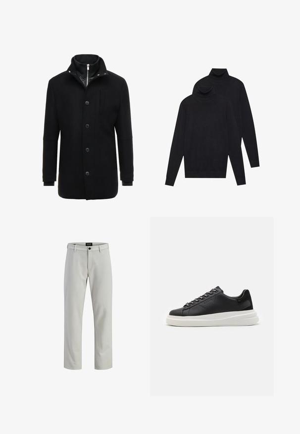 Manteau en laine noir avec un col haut, fermeture éclair et boutons, et poches latérales. Texture lisse avec une coupe ajustée et des accents minimalistes.; Deux pulls turtleneck noirs à manches longues, en tricot uni, empilés avec un légèrement derrière l'autre sur un fond blanc.; Pantalons gris clair à coupe droite. Dotés d'une fermeture à bouton et de passants de ceinture. Fabriqués dans un tissu lisse avec des détails de couture minimaux.; Baskets en cuir noir avec une semelle en caoutchouc blanc, dotées de lacets plats et d'œillets marqués. Texture douce avec un accent contrastant sur le côté.