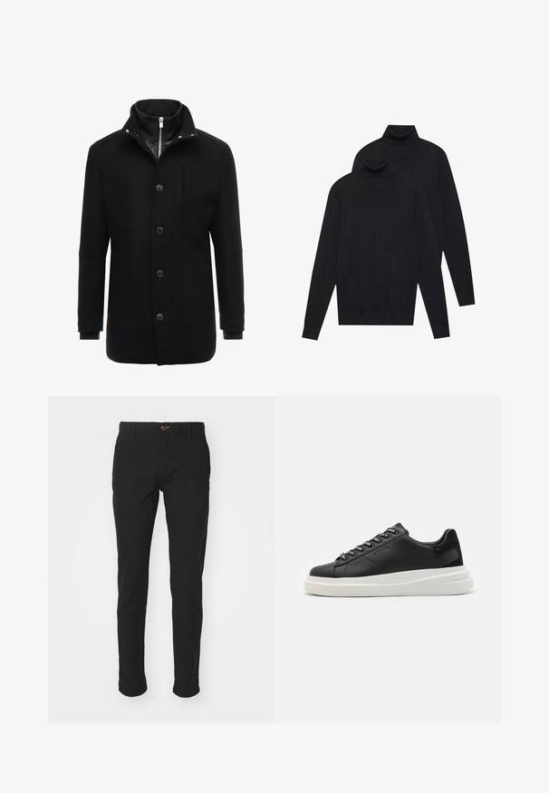 Sort uldfrakke med høj krave, lynlås og knaplukning samt sidelommer. Glat tekstur med en skræddersyet pasform og minimale detaljer.; To sorte langærmede turtleneck-trøjer, ensfarvede strikkede, stablet med den ene lidt bag den anden på en hvid baggrund.; Sorte chinos lavet af en blanding af bomuldsstof, slim fit design, med en brun knaplukning, to sidelommer og opsmøgede ben.; Sort lædersneaker med en hvid gummisål, der har flade snørebånd og branded øjer. Blød tekstur med en kontrasterende sideaccent.