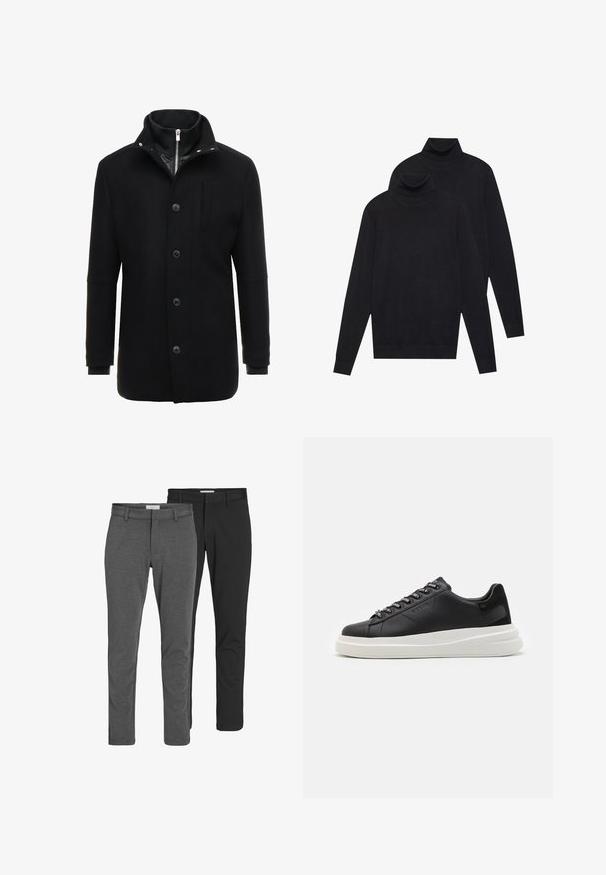 Zwarte wollen mantel met een hoge kraag, rits- en knoopsluiting, en zijzakken. Glad textuur met een getailleerde pasvorm en minimale accenten.; Twee zwarte, lange mouwen coltruien, eenvoudig gebreid, gestapeld met de één iets achter de ander op een witte achtergrond.; Twee paren klassieke broeken: een grijze katoenmix en een zwarte katoenmix. Beide hebben een getailleerd ontwerp met riemlussen en een gladde afwerking.; Zwarte leren sneakers met een witte rubberen zool, voorzien van platte veters en gemerkte oogjes. Zachte textuur met een contrasterende zijaccent.