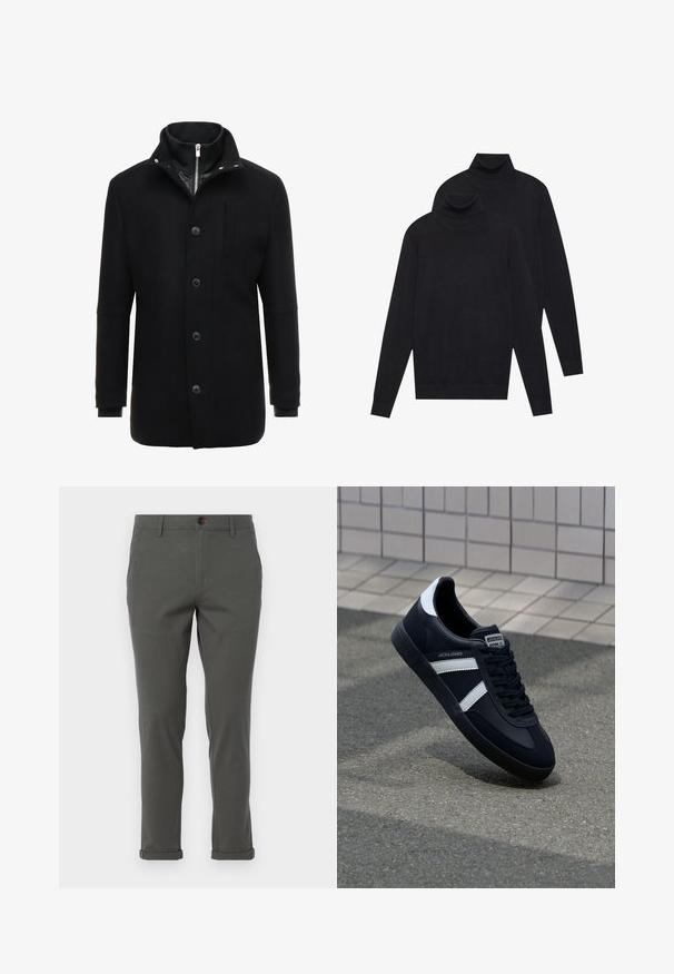 Musta villakangastakki, jossa on korkea kaulus, vetoketju- ja nappisulku sekä sivutaskut. Sileä pinta, hyvin istuva malli ja minimaaliset yksityiskohdat.; Kaksi mustaa pitkähihaista poolopaitaa, yksinkertaista neulosta, pinottuna siten, että yksi on hiukan toisen takana valkoista taustaa vasten.; Harmaat housut suoran lahkeiden muotoilulla, joissa on kevyt kangas, käännetty helma ja yksittäinen etupainike.; Mustat nahkakengät valkoisilla raidoilla, teksturoitu kumipohja ja nauha edessä. Varustettu merkkitarralla kielen päällä.