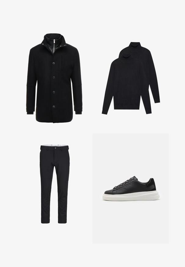 Abrigo de lana negro con cuello alto, cierre de cremallera y botón, y bolsillos laterales. Textura suave con un corte ajustado y acentos mínimos.; Dos suéteres negros de manga larga y cuello alto, de punto liso, apilados con uno ligeramente detrás del otro sobre un fondo blanco.; Pantalones elásticos negros con un frente plano, trabillas para cinturón y un cierre de botón único. El material es suave, con un corte ajustado y piernas ajustadas.; Zapatilla de cuero negra con suela de goma blanca, con cordones planos y ojales de marca. Textura suave con un acento lateral contrastante.