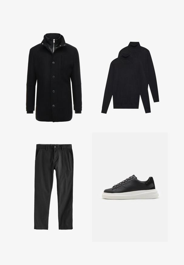Czarny wełniany płaszcz z wysokim kołnierzem, zamkiem błyskawicznym i zapięciem na guziki oraz bocznymi kieszeniami. Gładka tekstura, dopasowany krój i minimalne akcenty.; Dwa czarne swetry z długimi rękawami i golfem, gładko plecione, ułożone jeden za drugim na białym tle.; Czarne spodnie z gładkiego materiału, z zapięciem na guzik, kieszeniami bocznymi i prostym krojem nogawek. Bez widocznych wzorów ani faktury.; Czarne skórzane trampki z białą gumową podeszwą, z płaskimi sznurowadłami i logo w oczkach. Miękka tekstura z kontrastowym akcentem bocznym.