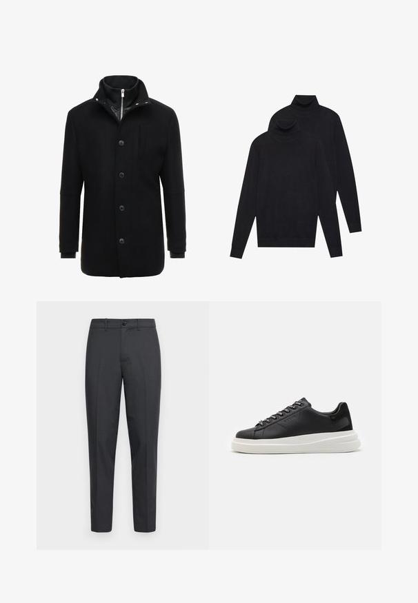 Fekete gyapjú kabát magas gallérral, cipzáras és gombos záródással, valamint oldalsó zsebekkel. Simább textúra, testhezálló fazon és minimális részletek.; Két fekete, hosszúujjú garbó, sima kötésű, egymásra helyezve, az egyik kicsit a másik mögött, fehér háttér előtt.; Szürke nadrág textúrált anyagból, egyenes lábbal, oldalsó zsebekkel, egy elöl lévő gombbal és övhurkokkal.; Fekete bőr sportcipő fehér gumitalppal, lapos fűzőkkel és márkázott fűzőlyukakkal. Puha tapintású, kontrasztos oldali akcentussal.