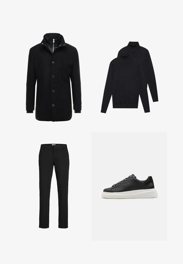 Manteau en laine noir avec un col haut, fermeture éclair et boutons, et poches latérales. Texture lisse avec une coupe ajustée et des accents minimalistes.; Deux pulls turtleneck noirs à manches longues, en tricot uni, empilés avec un légèrement derrière l'autre sur un fond blanc.; Pantalon noir en tissu lisse, avec une coupe droite, des poches latérales, des passants de ceinture et un ourlet soigné. Aucune motif ou accent visible.; Baskets en cuir noir avec une semelle en caoutchouc blanc, dotées de lacets plats et d'œillets marqués. Texture douce avec un accent contrastant sur le côté.
