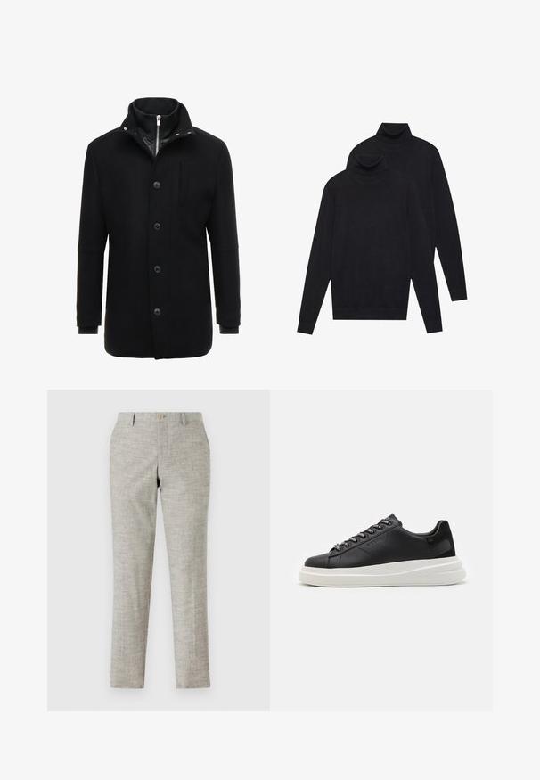 Čierny vlnený kabát s vysokým golierom, zipsom a gombíkovým zapínaním, a bočnými vreckami. Hladká textúra s prispôsobeným strihom a minimálnymi akcentmi.; Dvoje čiernych svetrov s dlhým rukávom a rolákom, jednofarebných, uložených jeden na druhom, pričom jeden je mierne posunutý vzad na bielom pozadí.; Svetlo šedé nohavice s textúrovanou tkaninou, s plochým predným dielom, zipsom a jediným gombíkom na zapínanie. Prispôsobený slim fit so rovnými nohavicami.; Čierne kožené tenisky s bielou gumovou podrážkou, s plochými šnúrkami a brandovanými očkami. Mäkká textúra s kontrastným bočným akcentom.