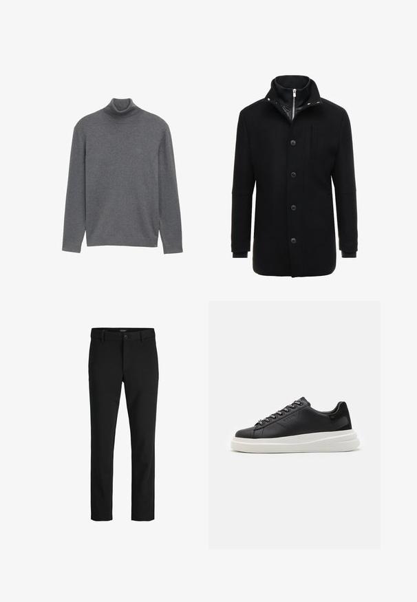 Zwarte wollen mantel met een hoge kraag, rits- en knoopsluiting, en zijzakken. Glad textuur met een getailleerde pasvorm en minimale accenten.; Grijze coltrui gemaakt van zachte gebreide stof. Met lange mouwen en een aansluitende hals, met een minimalistisch ontwerp en zonder zichtbare logo's.; Zwarte broek van gladde stof, met een klassiek ontwerp, rechte snit, sluiting met een voorknop en zijzakken.; Zwarte leren sneakers met een witte rubberen zool, voorzien van platte veters en gemerkte oogjes. Zachte textuur met een contrasterende zijaccent.