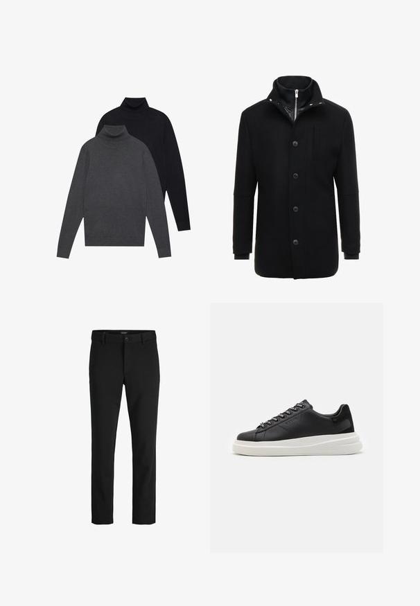 Abrigo de lana negro con cuello alto, cierre de cremallera y botón, y bolsillos laterales. Textura suave con un corte ajustado y acentos mínimos.; Dos suéteres de cuello alto de manga larga doblados apilados, con la parte delantera en gris oscuro y la parte trasera en negro, sobre un fondo blanco liso.; Pantalones negros hechos de una tela elegante, con un diseño clásico, corte recto, cierre frontal con botón y bolsillos laterales.; Zapatilla de cuero negra con suela de goma blanca, con cordones planos y ojales de marca. Textura suave con un acento lateral contrastante.