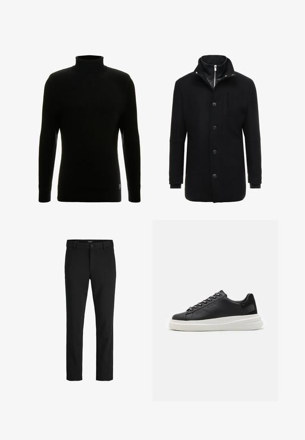 Manteau en laine noir avec un col haut, fermeture éclair et boutons, et poches latérales. Texture lisse avec une coupe ajustée et des accents minimalistes.; Pull à col roulé noir avec des manches longues, texture côtelée, silhouette ajustée et petite étiquette de marque en bas à gauche.; Pantalon noir en tissu lisse, avec un design classique, une coupe droite, une fermeture par bouton à l'avant et des poches latérales.; Baskets en cuir noir avec une semelle en caoutchouc blanc, dotées de lacets plats et d'œillets marqués. Texture douce avec un accent contrastant sur le côté.
