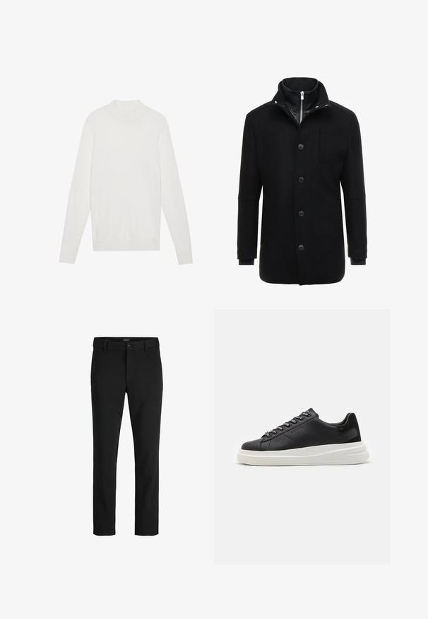 Fekete gyapjú kabát magas gallérral, cipzáras és gombos záródással, valamint oldalsó zsebekkel. Simább textúra, testhezálló fazon és minimális részletek.; Fehér pulóver, magas nyakkal, hosszú ujjal, bordázott mandzsettával és aljjal. Puha kötött anyagból készült. Egyszerű és testhezálló kialakítás.; Fekete nadrág sima anyagból, klasszikus dizájnnal, egyenes szabással, elülső gombos záródással és oldalsó zsebekkel.; Fekete bőr sportcipő fehér gumitalppal, lapos fűzőkkel és márkázott fűzőlyukakkal. Puha tapintású, kontrasztos oldali akcentussal.