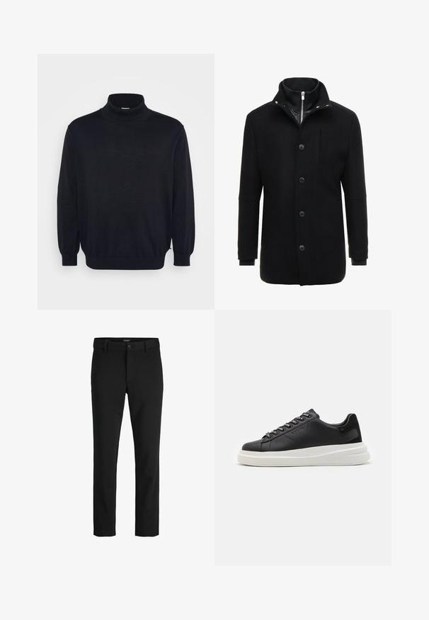 Schwarzer Wollmantel mit hohem Kragen, Reißverschluss- und Knopfverschluss sowie Seitentaschen. Glatte Textur mit taillierter Passform und minimalen Akzenten.; Schwarzer Rollkragenpullover mit langen Ärmeln, geripptem Kragen und Bündchen, im lässigen Schnitt und mit glatter Textur. Entworfen für die Freizeit.; Schwarze Hosen aus glattem Stoff, mit klassischem Design, geradem Schnitt, vorderer Knopfverschluss und seitlichen Taschen.; Schwarze Ledersneaker mit einer weißen Gummisohle, ausgestattet mit flachen Schnürsenkeln und markierten Ösen. Weiche Textur mit einem kontrastierenden Seitenakzent.