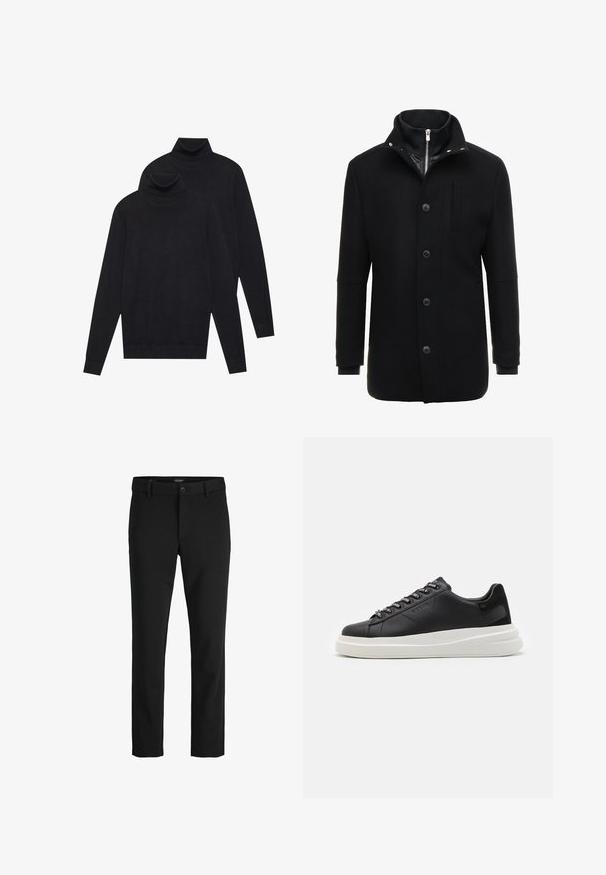 Schwarzer Wollmantel mit hohem Kragen, Reißverschluss- und Knopfverschluss sowie Seitentaschen. Glatte Textur mit taillierter Passform und minimalen Akzenten.; Zwei schwarze, langärmelige Rollkragenpullover, schlicht gestrickt, übereinander gestapelt, wobei einer leicht hinter dem anderen auf einem weißen Hintergrund liegt.; Schwarze Hosen aus glattem Stoff, mit klassischem Design, geradem Schnitt, vorderer Knopfverschluss und seitlichen Taschen.; Schwarze Ledersneaker mit einer weißen Gummisohle, ausgestattet mit flachen Schnürsenkeln und markierten Ösen. Weiche Textur mit einem kontrastierenden Seitenakzent.