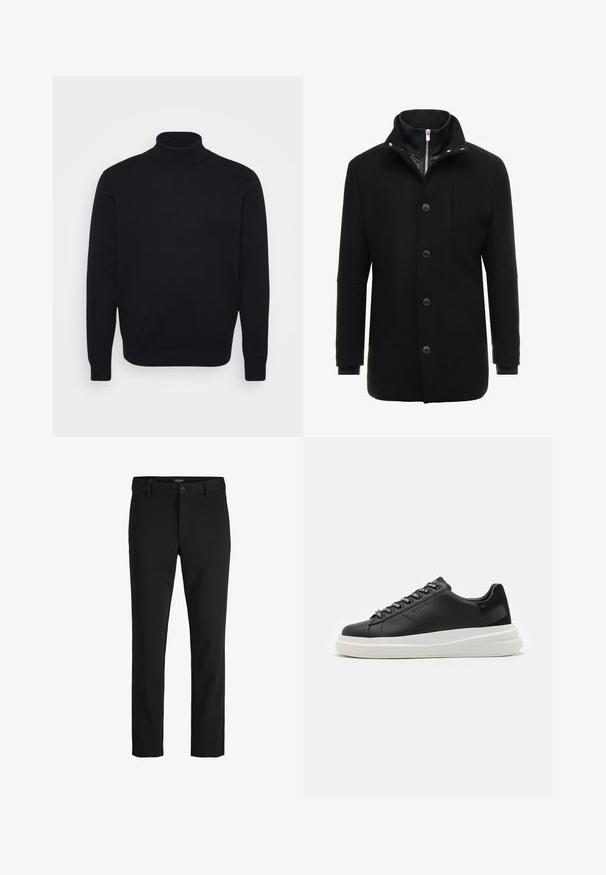 Juodas vilnonis paltas su aukštu apykakle, užtrauktuku ir mygtukų uždarymu bei šoninėmis kišenėmis. Lygi tekstūra, pritaikytas siluetas ir minimalūs akcentai.; Juodas turtlenekas, pagamintas iš glotnios mezgimo medžiagos, su ilgomis rankovėmis ir prigludusia aukšta apykakle.; Juodos kelnės, pagamintos iš švelnaus audinio, pasižyminčios klasikiniu dizainu, tiesiu kirpimu, priekiniais mygtukais ir šoninėmis kišenėmis.; Juodos odinės sportbačiai su balta guma padanga, su plokščiomis raiščiais ir firminiais skylutėmis. Minkšta tekstūra su kontrastingu šonu akcentu.