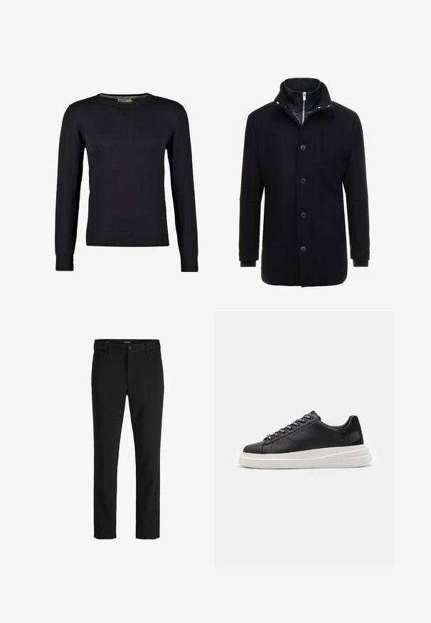 Melnas vilnas mētelis ar augstu apkakli, rāvējslēdzēja un pogu aizdari, kā arī sānu kabatām. Gluda tekstūra ar pieguļošu piegriezumu un minimāliem akcentiem.; Melna adīta džemperis ar garām piedurknēm, apaļu kakla izgriezumu un ribotām aprocēm un apakšmalu. Gluda tekstūra un pieguļošs dizains.; Melnas bikses no gludas auduma, ar klasisku dizainu, taisnu griezumu, priekšējo pogu aizdari un sānu kabatām.; Melnas ādas sporta kurpes ar baltu gumijas zoli, kurām ir plakanas saites un zīmola acs. Mīksta tekstūra ar kontrastējošu sānu akcentu.