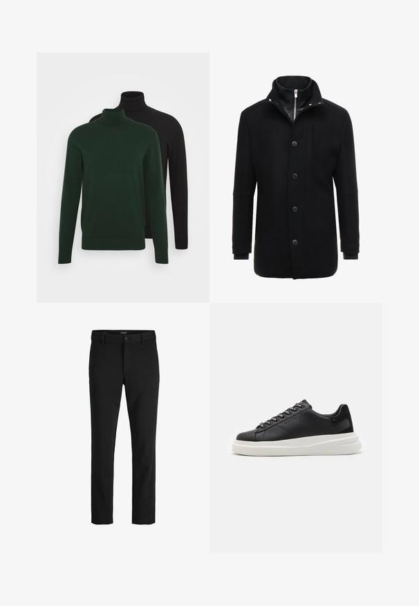 Sort uldfrakke med høj krave, lynlås og knaplukning samt sidelommer. Glat tekstur med en skræddersyet pasform og minimale detaljer.; To jeanshals trøjer, en mørkegrøn og en sort, lavet af et glat stof, med lange ærmer og ribbede manchetter.; Sorte bukser lavet af glat stof, med et klassisk design, lige snit, frontknaplukning og sidelommer.; Sort lædersneaker med en hvid gummisål, der har flade snørebånd og branded øjer. Blød tekstur med en kontrasterende sideaccent.
