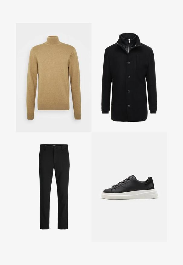 Manteau en laine noir avec un col haut, fermeture éclair et boutons, et poches latérales. Texture lisse avec une coupe ajustée et des accents minimalistes.;  pull à col roulé beige en tissu tricoté doux. Doté de manches longues et d'une coupe ajustée. Accents côtelés au niveau de l'ourlet et du col.; Pantalon noir en tissu lisse, avec un design classique, une coupe droite, une fermeture par bouton à l'avant et des poches latérales.; Baskets en cuir noir avec une semelle en caoutchouc blanc, dotées de lacets plats et d'œillets marqués. Texture douce avec un accent contrastant sur le côté.