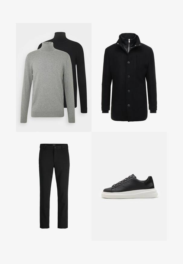Svart ullkappa med hög krage, dragkedja och knappstängning, samt sidofickor. Slät textur med skräddarsydd passform och minimala accenter.; Två polotröjor: en grå och en svart, båda gjorda av mjukt tyg med långa ärmar och ribbad manschetter och fållar.; Svarta byxor av slät tyg, med en klassisk design, rak skärning, framknäppning och sidofickor.; Svart lädersneaker med en vit gummisula, med platta snören och märkta öglor. Mjuk textur med en kontrasterande sidodetalj.