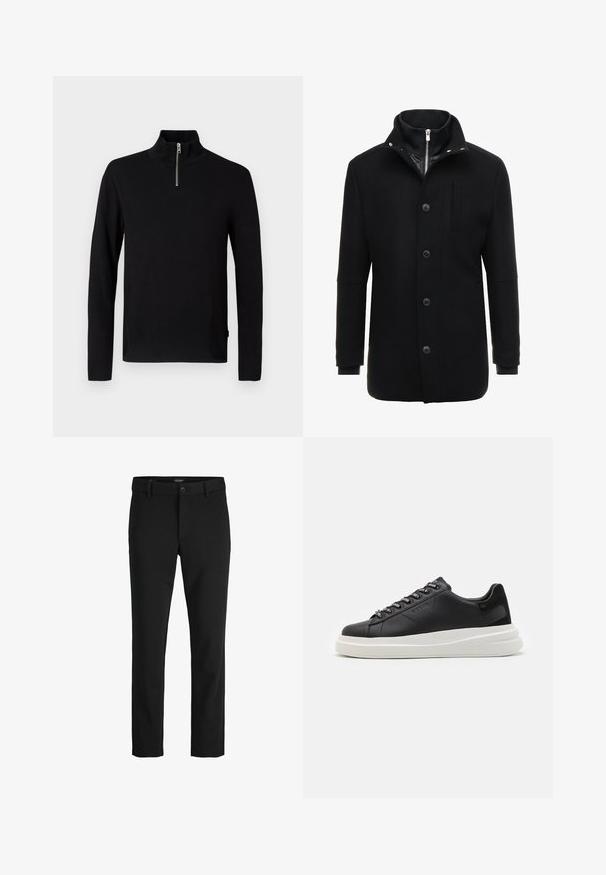 Črn volnen plašč z visokim ovratnikom, zadrgo in gumbom za zapiranje ter stranskimi žepi. Gladka tekstura z prilagojenim krojem in minimalnimi detajli.; Črni pulover z dolgimi rokavi in visokim ovratnikom ter kratkim srebrnim zadrgo na sprednjem delu.; Črne hlače iz gladkega blaga, s klasičnim dizajnom, ravnim krojem, sprednjim gumbom za zapiranje in stranskimi žepi.; Črne usnjene teniske z belim gumijastim podplatom, ki imajo ravne vezalke in blagovno znamko na ošitih luknjah. Mehka tekstura s kontrastnim stranskim poudarkom.