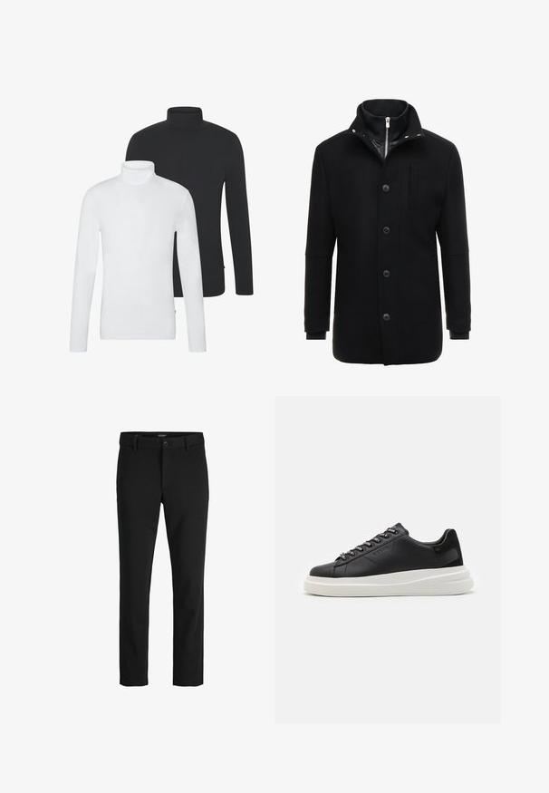 Juodas vilnonis paltas su aukštu apykakle, užtrauktuku ir mygtukų uždarymu bei šoninėmis kišenėmis. Lygi tekstūra, pritaikytas siluetas ir minimalūs akcentai.; Du skandinaviški ilgos rankovės megztiniai su aukštu kaklu: vienas baltas, kitas juodas. Abu pasižymi minkšta medvilnės mišinio medžiaga ir prigludusia forma.; Juodos kelnės, pagamintos iš švelnaus audinio, pasižyminčios klasikiniu dizainu, tiesiu kirpimu, priekiniais mygtukais ir šoninėmis kišenėmis.; Juodos odinės sportbačiai su balta guma padanga, su plokščiomis raiščiais ir firminiais skylutėmis. Minkšta tekstūra su kontrastingu šonu akcentu.