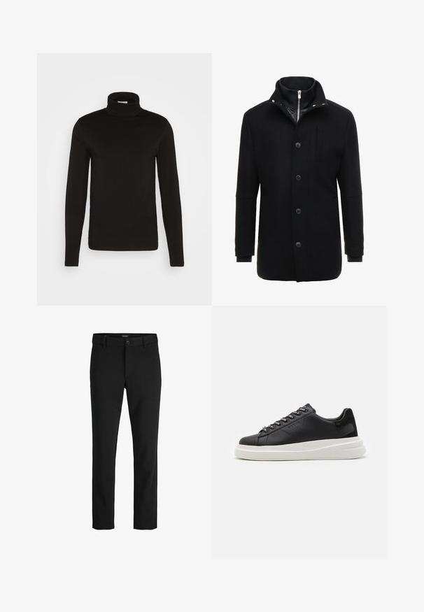 Must must coat, millel kõrge krae, lukuga ja nööbiga kinnitamine ning küljetaskud. Sile tekstuur, vihje kohandatud lõikusele ja minimaalsed aksessuaarid.; Musta kõrge kaelusega pikakäiste särk, mis on valmistatud sileda kangaga ja millel on keha lähedane lõige. Mustri või aktsentide puudumine.; Mustad püksid, mis on valmistatud libisevast kangast, klassikalise kujundusega, sirge lõikega, esise nupuga ja küljetaskutega.; Mustmustest musta nahkistsneaker, millel on valge kummist tald, sirged paelad ja bränditud silmad. Pehme tekstuur kontrastse küljeaktsendiga.