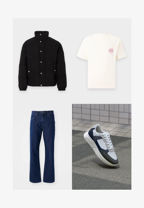 Črna kordurojska puhovka s pritisnimi gumbi, visokim ovratnikom, stranskimi žepe in elastičnimi manšetami na belem ozadju.; Bela majica s kratkimi rokavi z rdečim napisom "Studio Originals Edition" na levi strani prsnega koša, prikazana na nevtralnem sivo backgroundu.; Temno modri kavbojasti džins s ravnim krojem, zapiranjem na gumb in zadrgo, pasnimi zankami in sprednjimi žepi na enobarvni podlagi.; Bela, mornarsko modra in siva športna obutev z mešano materialno zasnovo, ki vključuje teksturirano zgornji del, ravne vezalke in oblazinjen podplat.