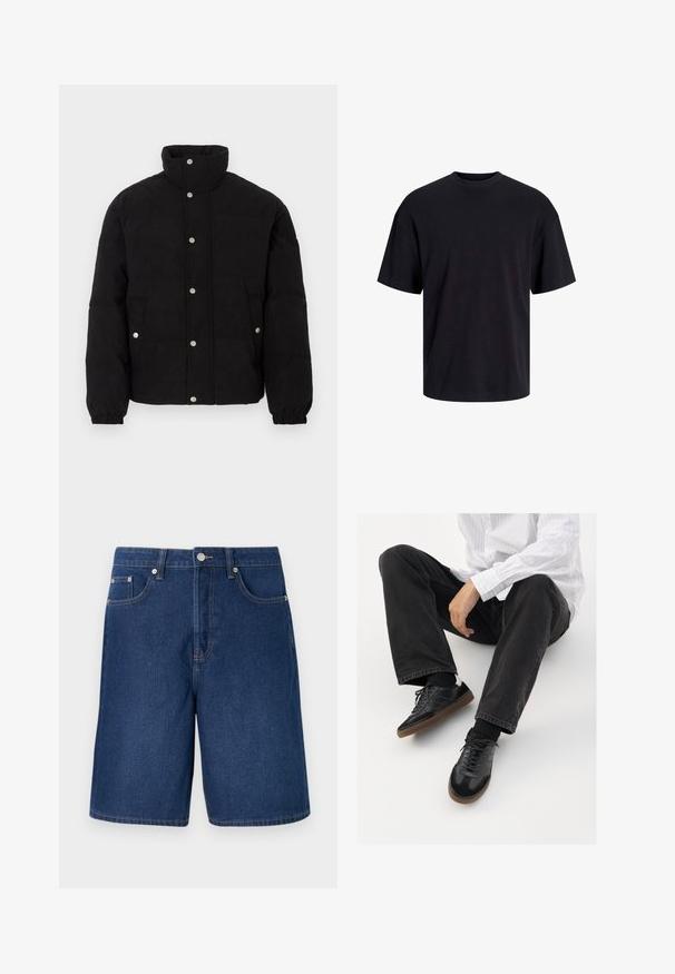 Černá kordurová péřová bunda s patentkami, vysokým límcem, bočními kapsami a elastickými manžetami na bílém pozadí.; Černé bavlněné tričko s kulatým výstřihem, krátkými rukávy a volným střihem. Hladká textura a žádné viditelné vzory ani akcenty.; Džínové šortky v tmavě modrém odstínu s klasickým střihem, vybavené pěti kapsami a kontrastním prošíváním.; Černé tenisky se hladkým a texturovaným svrškem, s kaučukovou podešví a tmavými šňůrkami. Skombinované s černými džínami a bílou proužkovanou košilí.