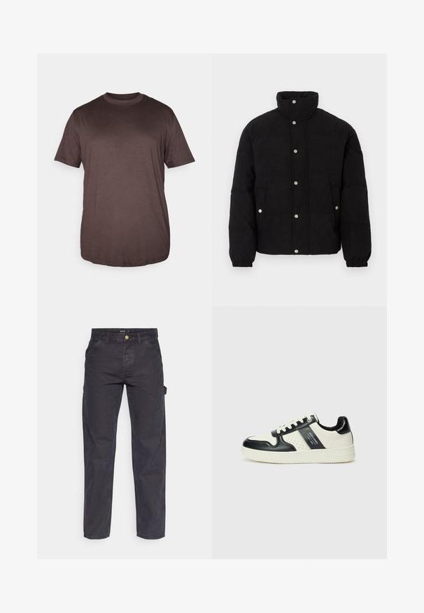 Zwarte ribfluwelen pufferjack met drukknoopsluiting, hoge kraag, zijzakken en elastische manchetten op een witte achtergrond.; Jack & Jones JJEBRADLEY NOOS - T-shirt basic - mulch; Donkergrijze cargobroek van duurzaam materiaal, met een rechte pijp, vijf zakken en een knoopsluiting in de taille.; Leren sneakers met een zwart en crèmekleurig kleurenschema, voorzien van geperforeerde accenten, een gevoerde kraag en een gestructureerde buitenzool.